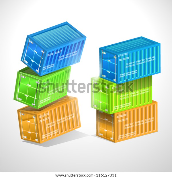 A stack of sea freight containers vector\
illustration isolated on white\
background