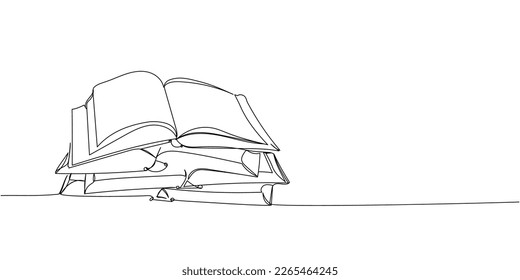 Stack of several open books one line art. Continuous line drawing of book, library, education, school, study, literature, paper, textbook, knowledge, read, learn, page, reading.