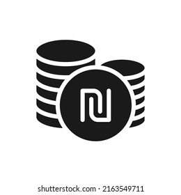 Icono de la pila de monedas de shekel. Símbolo del dinero estilo plano aislado en fondo blanco. Ilustración del vector