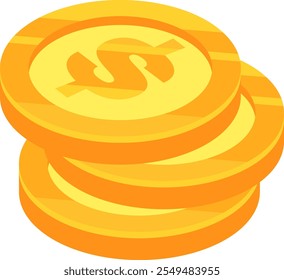 Stack of shiny gold coins with dollar signs embossed on their surface represents financial savings, investment, and economic growth