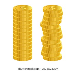 Stack of shiny gold coins with dollar signs embossed on them. Straight stack of coins. Rough stack of coins. Financial success, savings, investment growth, and wealth accumulation