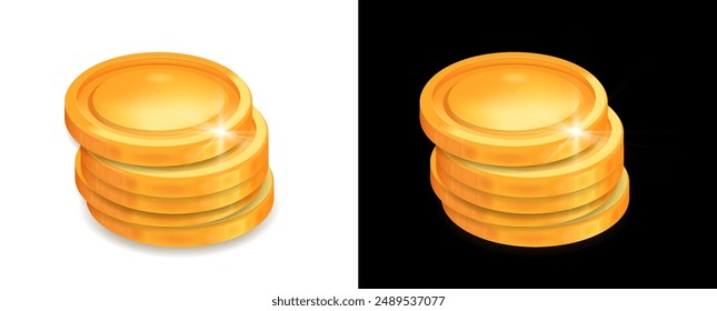A stack of shiny gold coins with a reflective surface, rendered in 3D cartoon realistic style. Ideal for game icons, UI, UX, KIT, and GUI. The coins 3d cartoon realistic. Vector illustration.