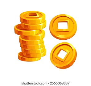 Stack of shiny golden Chinese coins with square holes in center, symbolizing prosperity, wealth and good fortune, used in lunar new year holiday celebration or feng shui for attracting positive energy