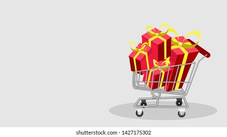 Stack of shopping bags in a cart gift box set with red background.