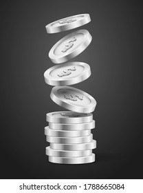 A stack of silver coins. Money on a dark background. Vector illustration.