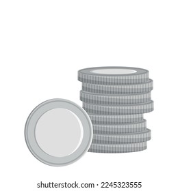 Pila de monedas de plata, cara de moneda, anverso, vector plano, aislada en blanco