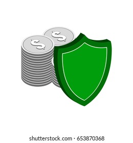 Stack of Silver Coins with Shield, Finance Protection symbol. Flat Isometric Icon or Logo. 3D Style Pictogram for Web Design, UI, Mobile App, Infographic. Vector Illustration on white background.