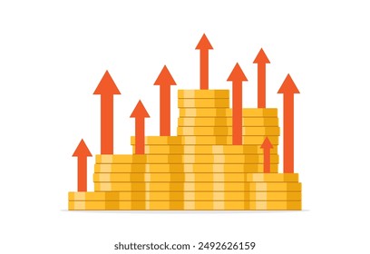 Stack of silver coins with trading charts on a white background. Financial concept and growth of business stocks. Financial investment. Vector illustration