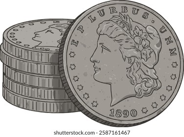 Stack of Silver Dollars – Morgan 1890 Coin, Numismatics, Collectible Currency, Precious Metals Investment, and Historical Money Illustration