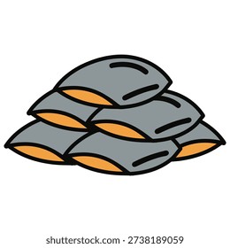 Stack of six gray cartoon sandbags with orange interior