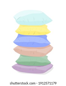 a stack of six multi-colored pillows in pastel colors on a white background.