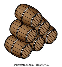 A stack of six wooden barrels.