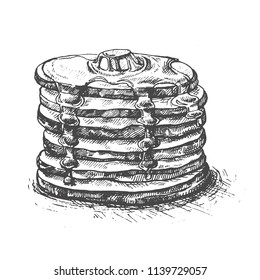 Stack of Small pancakes in syrup.Vector vintage pancake drawing. Hand drawn monochrome food illustration. Great for menu, poster or label.