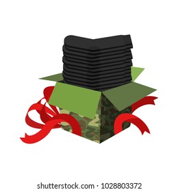 Stack of socks and ribbon. Traditional gift for men on February 23. Day of Defender of Fatherland in Russia. 