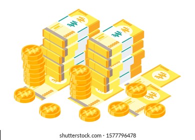 Stack of South Korean Won KRW paper money and metal coin vector illustration and design. Korea currency and Payment instrument element. Can be used for web,mobile, infographic, and print.