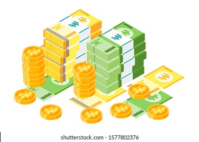 Stack of South Korean Won KRW 50k and 10k paper money and metal coin vector illustration and design. Korea currency and Payment instrument element. Can be used for web,mobile, infographic, and print.