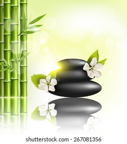 Stack of spa stones with cherry white flowers sunlight and bamboo with reflection on light-green background