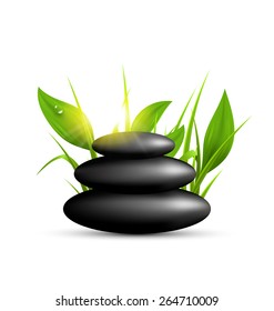 Stack of spa stones with grass and sunshine isolated on white background
