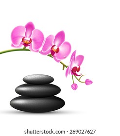 Stack of spa stones with orchid pink flowers isolated on white background