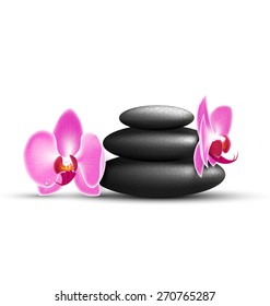 Stack of spa stones with orchid pink flowers isolated on white background