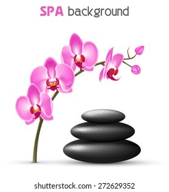 Stack of spa stones with orchid pink flowers isolated on white background