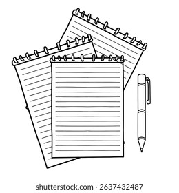Stack of spiral notebooks and pen vector line art illustration