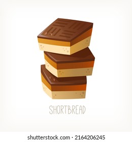 Stack of square chocolate caramel shortbread cookies. Traditional delicious British dessert for everyday lunch. Isolated vector image.