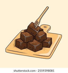 Stack of square chocolate truffles coated with cocoa powder on a wooden cutting board