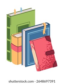 Stack of Standing Books in Flat Style on White Background. School Textbook Pile for Education Themes, Back to School Campaigns, Library Decor, and Bookshop Graphics. Design for Posters, Websites