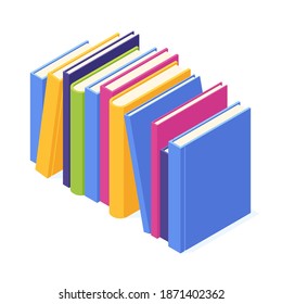 La pila de libros en pie es isométrica. Pila de libro de papel con cubierta dura para el concepto de educación y lectura. Ilustración vectorial aislada de la literatura de estudio escolar y universitario.