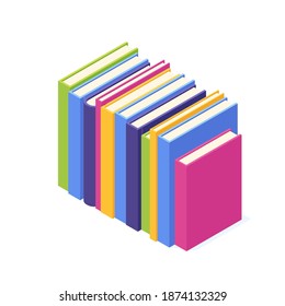 Stack of standing books isometric. Pile of paper book with hard cover for education and reading concept. Isolated vector illustration of school and university study literature.