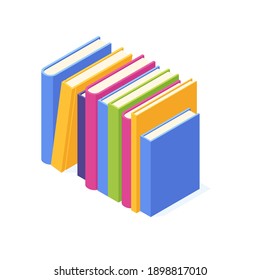 La pila de libros en pie es isométrica. Pila de libro de papel con cubierta dura para el concepto de educación y lectura. Ilustración vectorial aislada de la literatura de estudio escolar y universitario.