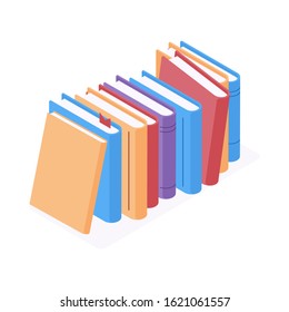 Stack of standing books in isometric vector illustration. Isolated colorful hardcover paper literature with bookmark for reading or education design in flat 3d style.