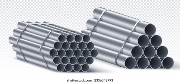 Stack of steel pipes on copy space concept. Equipment for construction, repair. Steel and metal long profiles for building. Realistic isometric vector collection isolated on transparent background