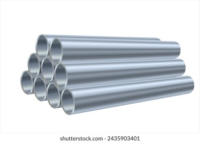 Stapel von Stahlrohren in realistischem Stil. Edelstahlrohr für Kanalisation, Wasserversorgung, Industrie und Bauwesen. Vektor-Illustration isoliert auf weißem Hintergrund. Industriepipelines