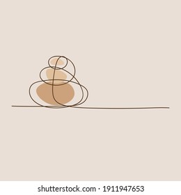 Stack of stones drawn in continuous line. Minimal illustration for spa, massage, relaxation. Meditation poster with pebbles