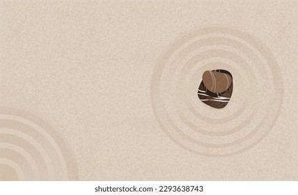 Stack Stones on Sand beach texture with simple spiritual pattern,Japanese Zen Garden with pebbles on concentric circles lines on sand background,Zen like concept Design for Name Card or Banner