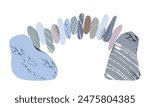 Stack of stones of various shapes, colors, textures, sizes, arranged in an arc in balance of equilibrium on white background. Vector illustration concept of mental health, support, team spirit.