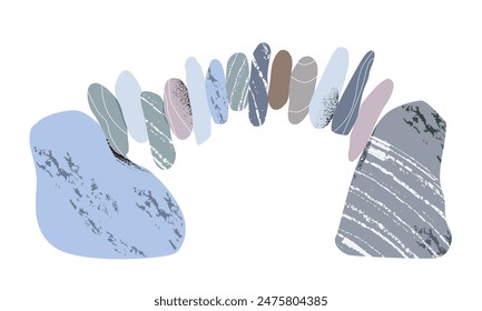 Pila de piedras de varias Formas, colores, texturas, tamaños, dispuestos en un arco en equilibrio de equilibrio sobre fondo blanco. Ilustración vectorial concepto de salud mental, Asistencia, espíritu de equipo.