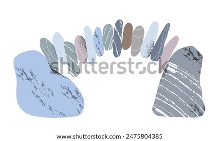 Stack of stones of various shapes, colors, textures, sizes, arranged in an arc in balance of equilibrium on white background. Vector illustration concept of mental health, support, team spirit.