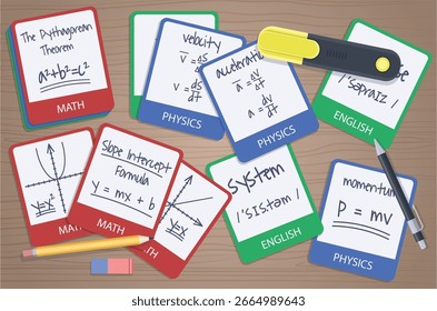 Stack of study flashcards spread out on a desk, featuring math formulas, vocabulary words, and science diagrams. Academic and study-focused scene.