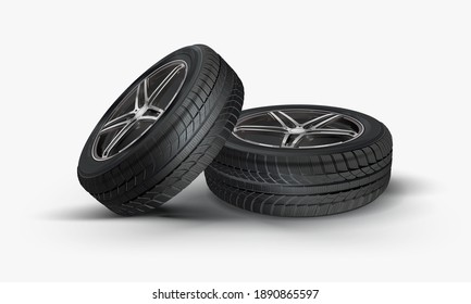A stack of summer and winter tires. Tires service. Car tire set. Replacement tires for the season. Tire and wheel of automobile wheel on a white background. Service stack.