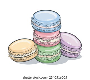 Pila de macarrones dulces. Ilustración vectorial aislada de las galletas del macaron francés de la historieta