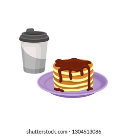 Stack of sweet pancakes with chocolate syrup, fresh coffee in plastic cup. Tasty breakfast. Flat vector design