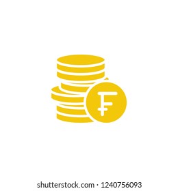 Stack of swiss franc coins with coin in front of it. Flat blue icon. Isolated on white. Economy, finance, money pictogram. Wealth symbol.  Vector illustration.