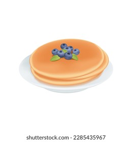 Stack of tasty pancakes with blueberries 3D illustration. Cartoon drawing of sweet snack or breakfast at cafe or home in 3D style on white background. Dessert, food concept