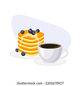 Stack of tasty pancakes and cup of coffee. Pancake with blueberries and syrup. Cartoon dessert in trendy flat style. Vector illustration isolated.