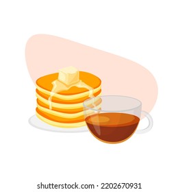 Stack of tasty pancakes and cup of tea. Pancake with piece of butter. Cartoon dessert in trendy flat style. Vector illustration isolated.