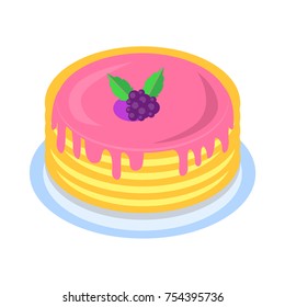 Stack of tasty pancakes drenched with berry syrup icon. Pile of crepes on plate with jam and fresh blackberry isolated flat vector. Western cuisine traditional dish illustration for culinary concepts