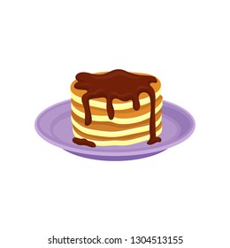 Stack of tasty pancakes topped with chocolate syrup. Delicious food for breakfast. Flat vector design
